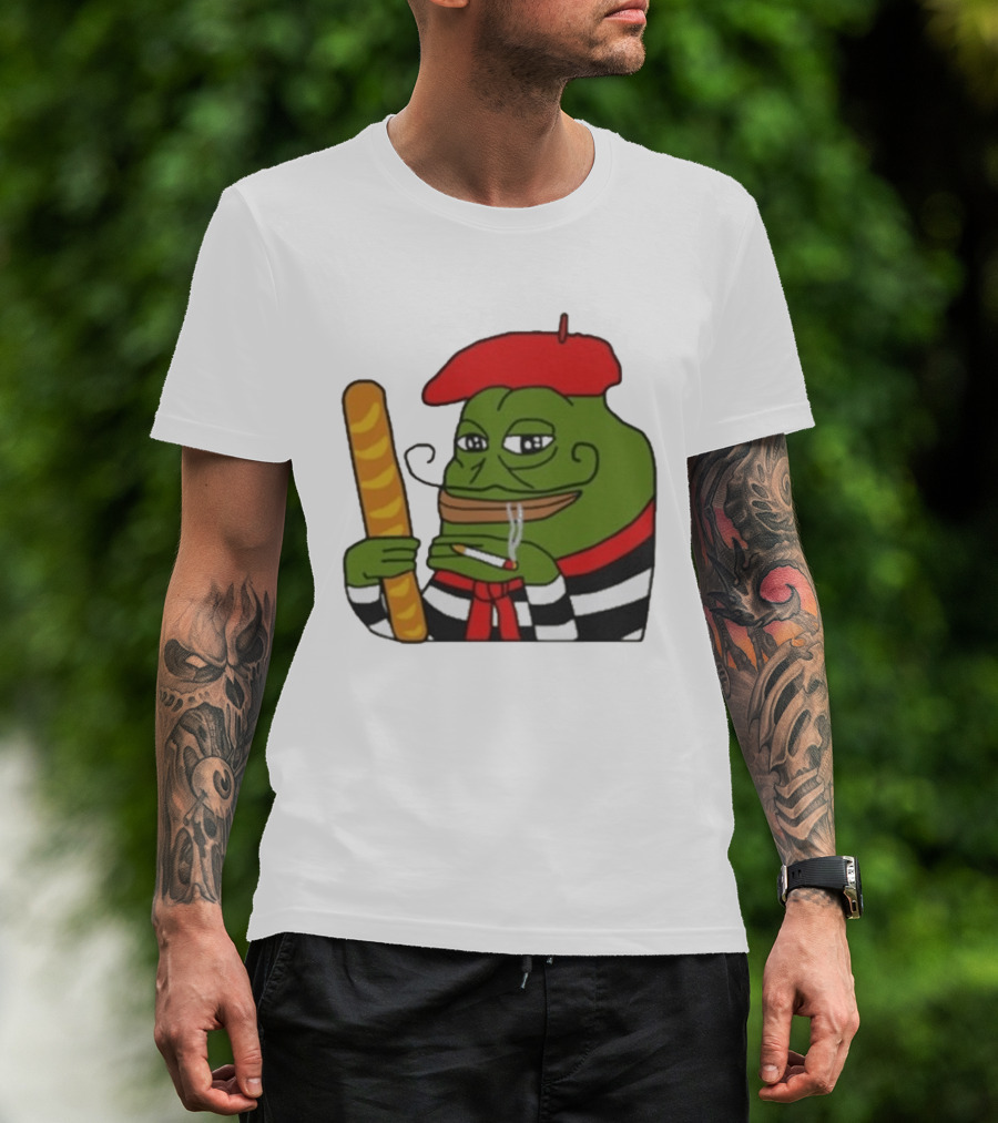 S French Pepe With Baguette And Cigarette Beret Comedy Meme T-Shirt