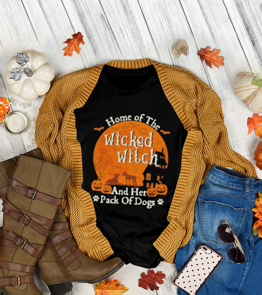 Home Of The Wicked Witch And Her Pack Of Dogs Halloween Moon Bats Pumpkins Dogs T-Shirt