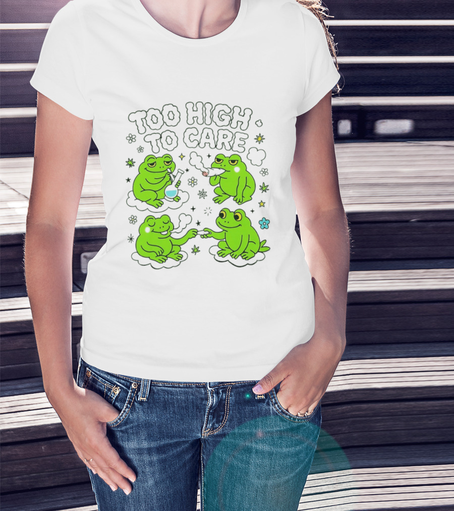 Too High To Care Frogs Smoking Peaceful Bliss T-Shirt