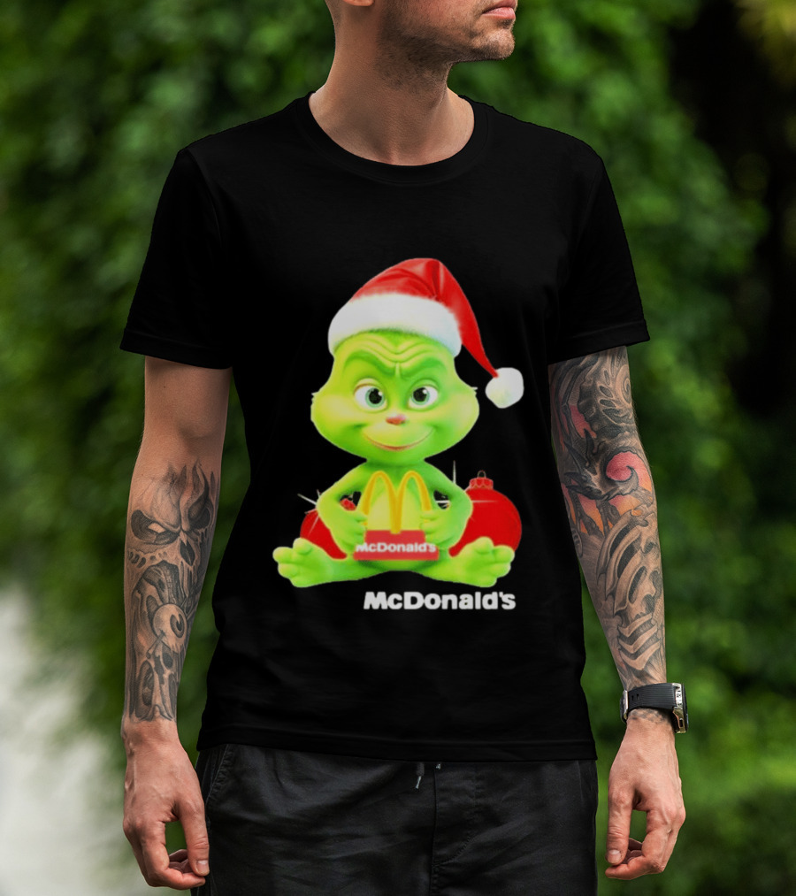 Santa Baby Grinch McDonald's Holding Happy Meal With Santa Hat And Gift Bags T-Shirt