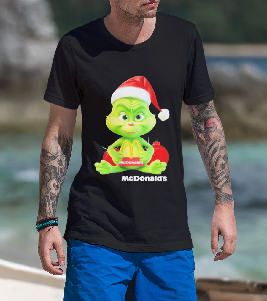 Santa Baby Grinch McDonald's Holding Happy Meal With Santa Hat And Gift Bags T-Shirt