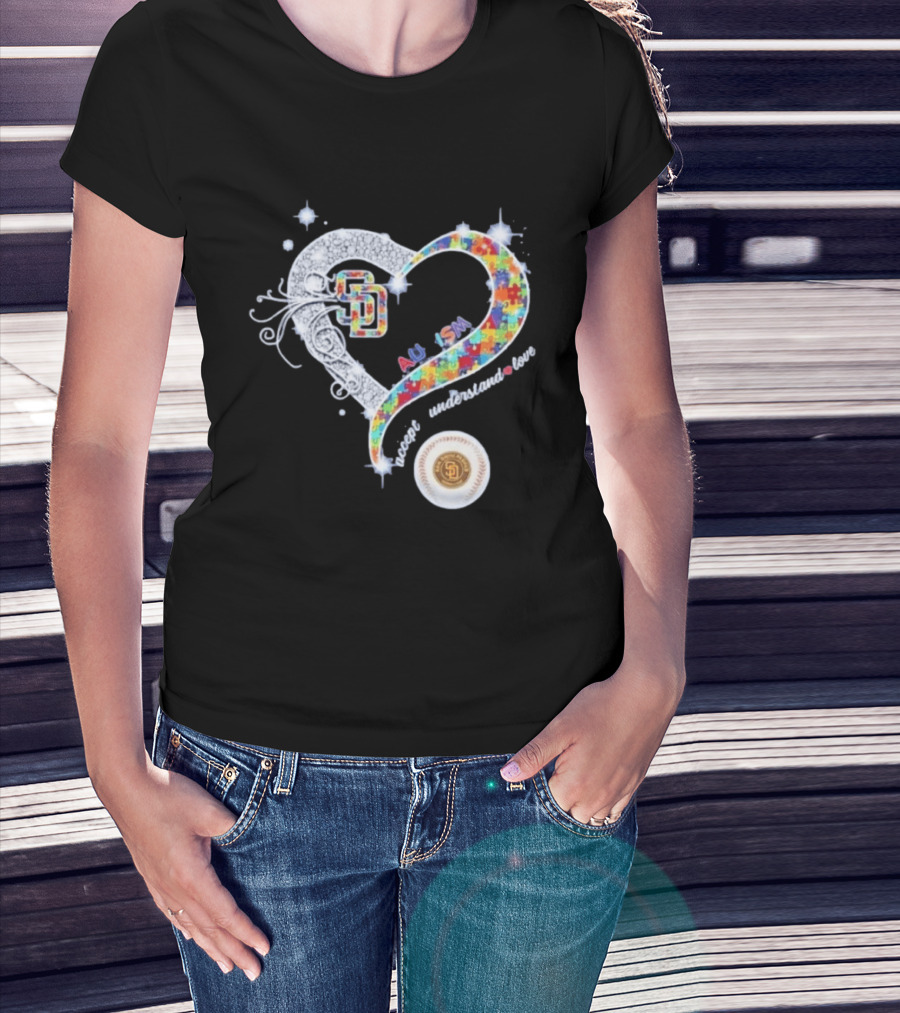 San Diego Baseball Heart Autism Accept Understand Love Puzzle T-Shirt