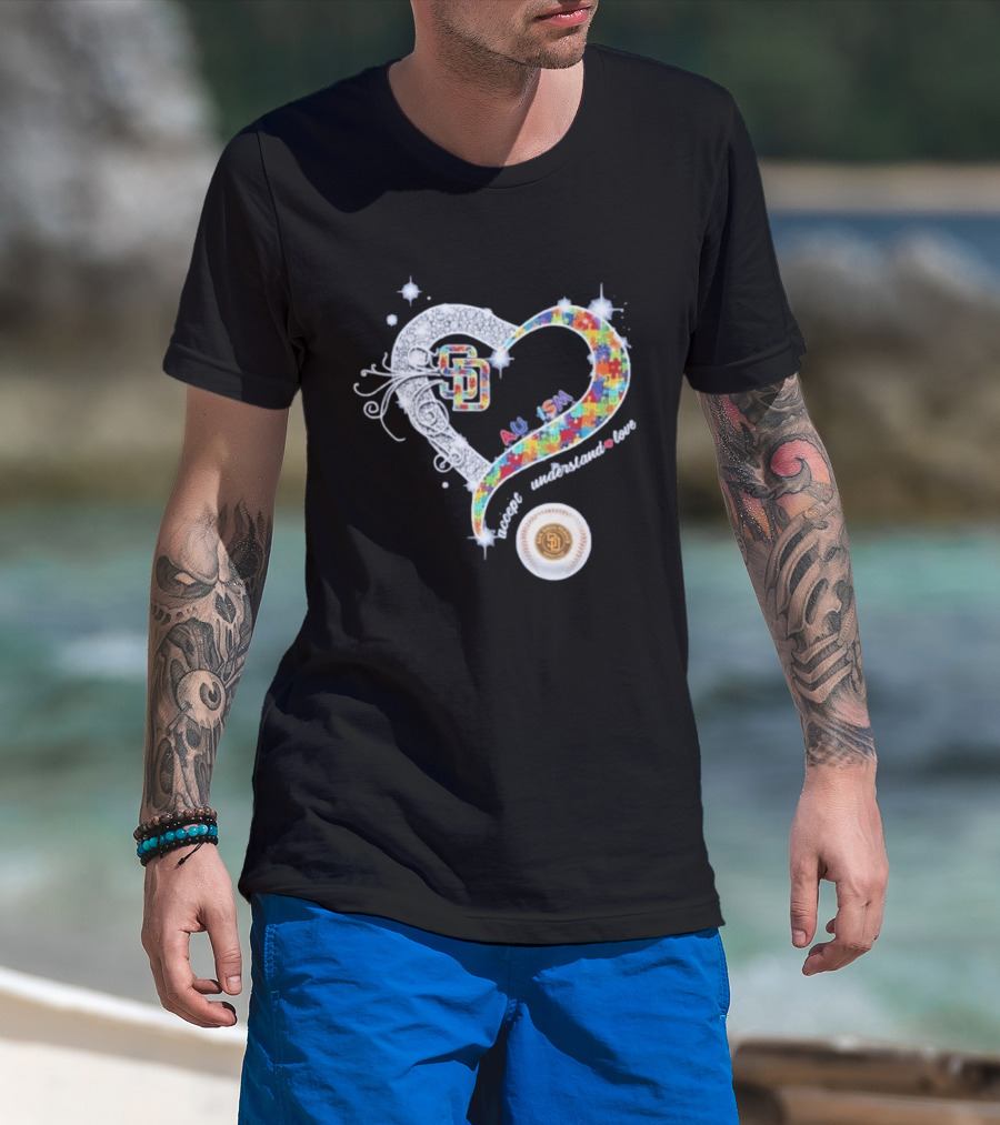San Diego Baseball Heart Autism Accept Understand Love Puzzle T-Shirt