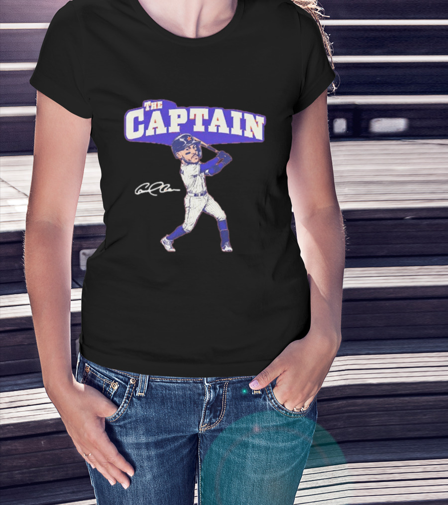 The Captain Carlos Correa Caricature Baseball Player Swinging Bat With Signature T-Shirt