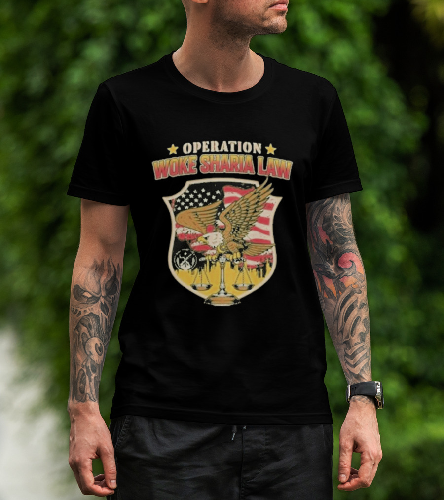 Operation Woke Sharia Law Eagle And American Flag Shield T-Shirt