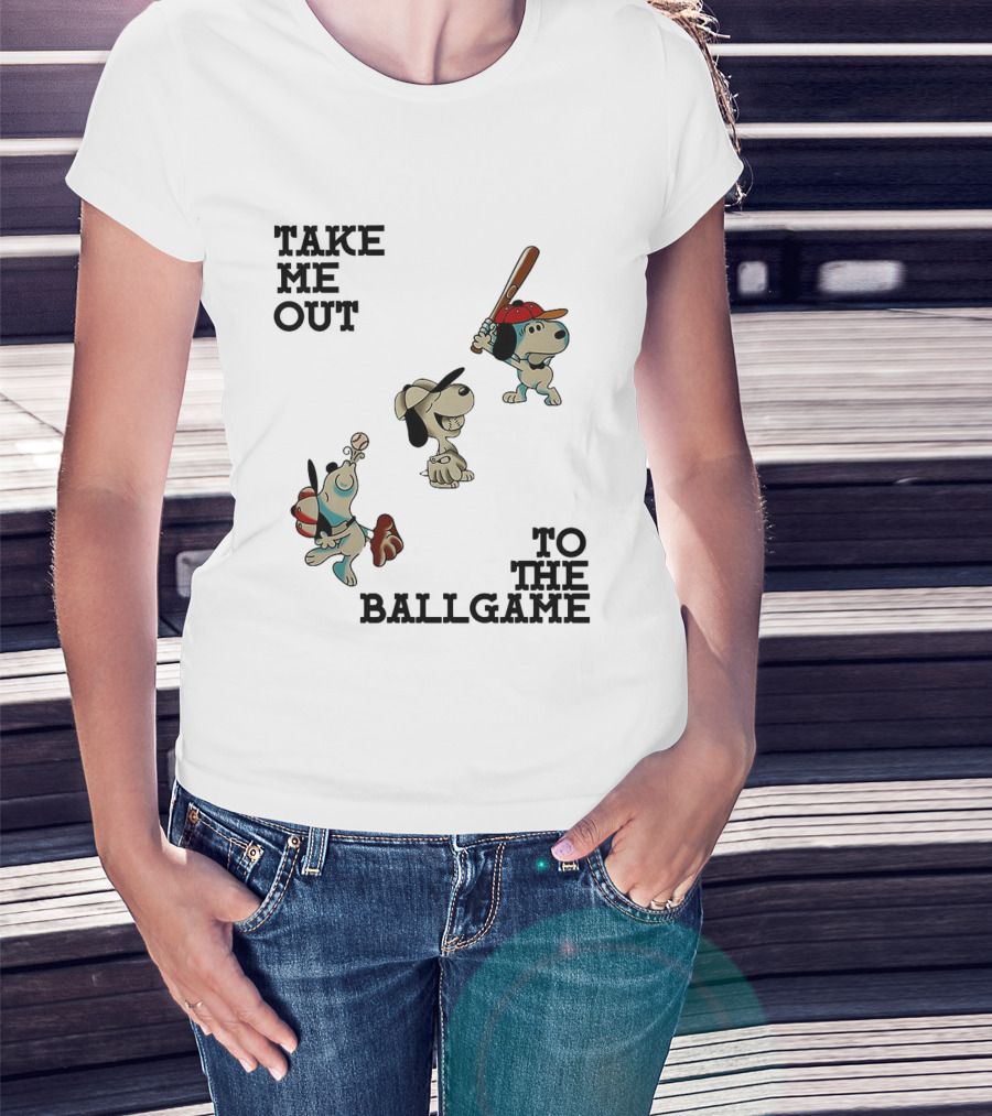 Snoopy Take Me Out To The Ballgame Baseball Red Cap Batting And Catching T-Shirt