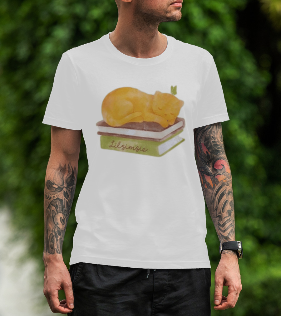 Lilsimsie Sleeping Cat On Books T-Shirt