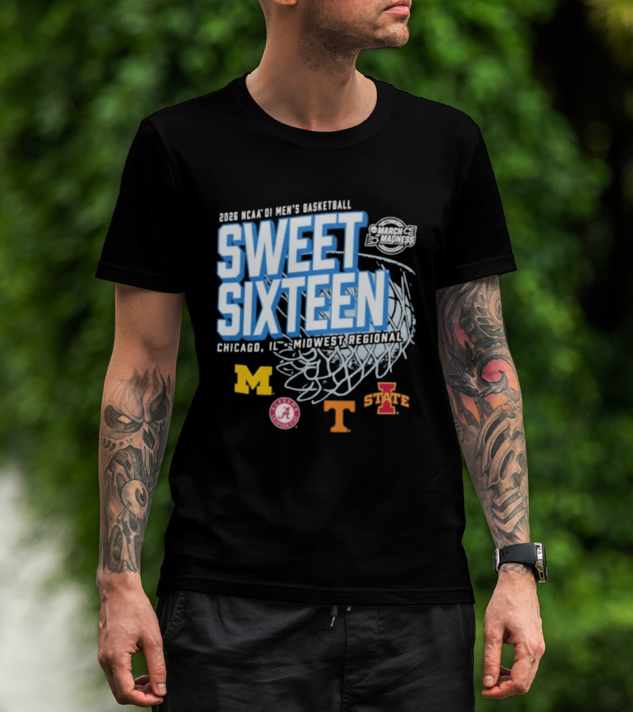 2026 NCAA DI Men's Basketball Sweet Sixteen Chicago IL Midwest Regional Michigan Alabama Tennessee Iowa State T-Shirt