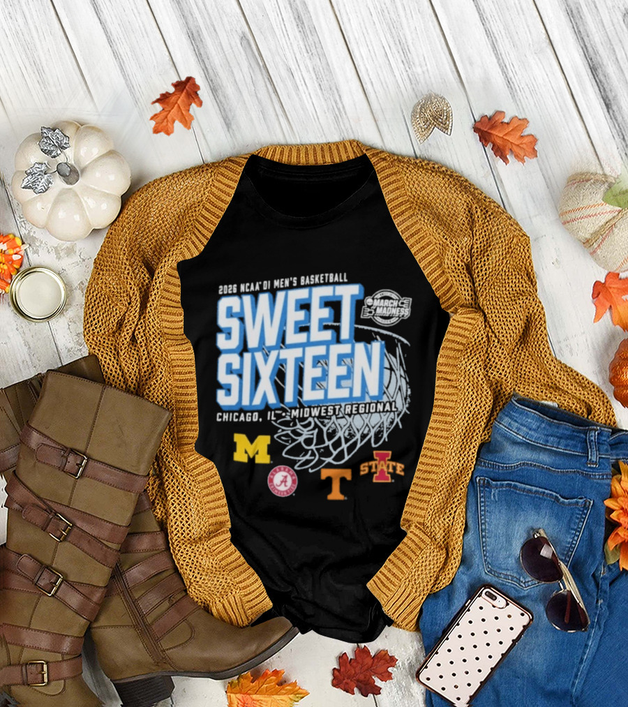 2026 NCAA DI Men's Basketball Sweet Sixteen Chicago IL Midwest Regional Michigan Alabama Tennessee Iowa State T-Shirt