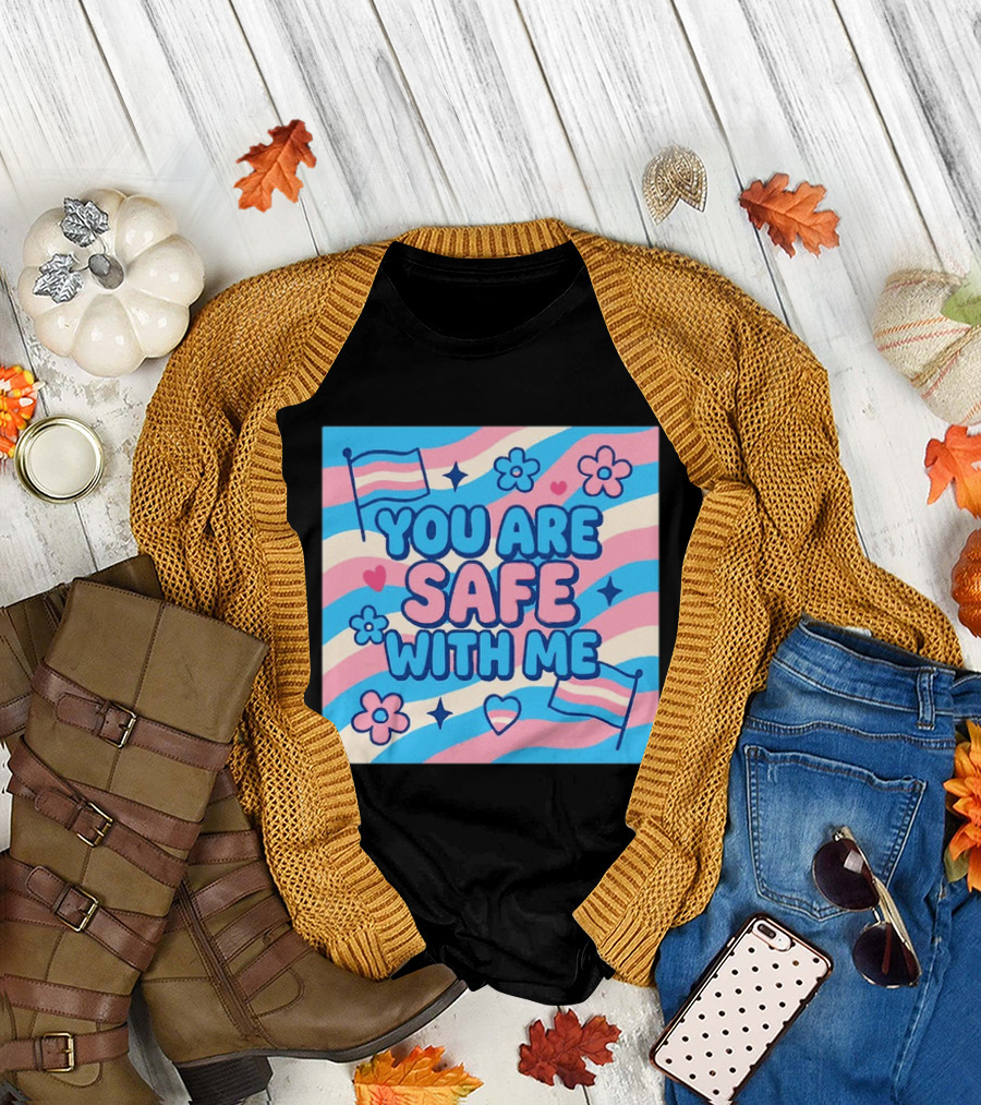 You Are Safe With Me Transgender Flag Heart Flowers and Stars T-Shirt