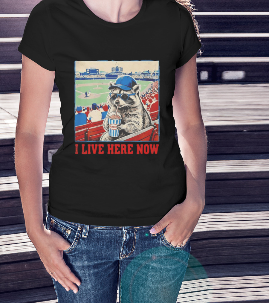 Raccoon Milkshake Baseball Field I Live Here Now T-Shirt