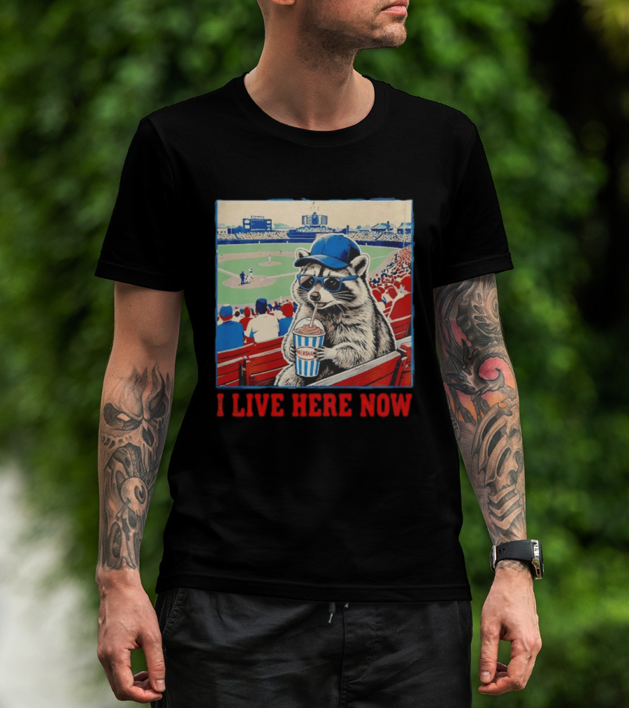 Raccoon Milkshake Baseball Field I Live Here Now T-Shirt