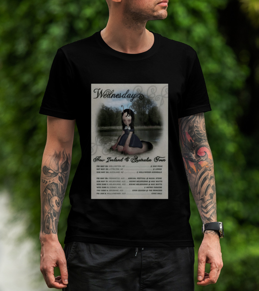 Wednesday New Zealand Australia Tour 2026 Wellington Lyttelton Auckland Fremantle Melbourne Sydney Brisbane Mullumbimby T-Shirt