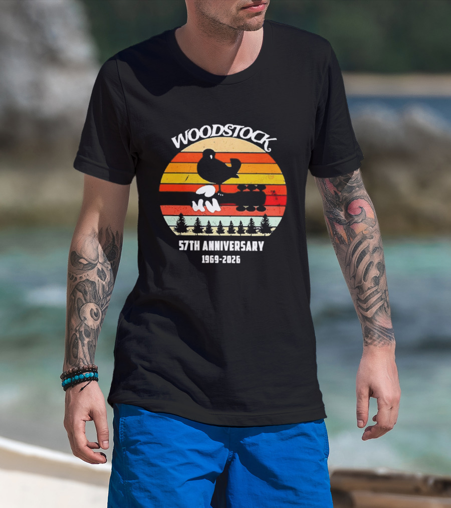 Woodstock 57th Anniversary 1969 2026 Bird Vintage Sunset Stripes T-Shirt