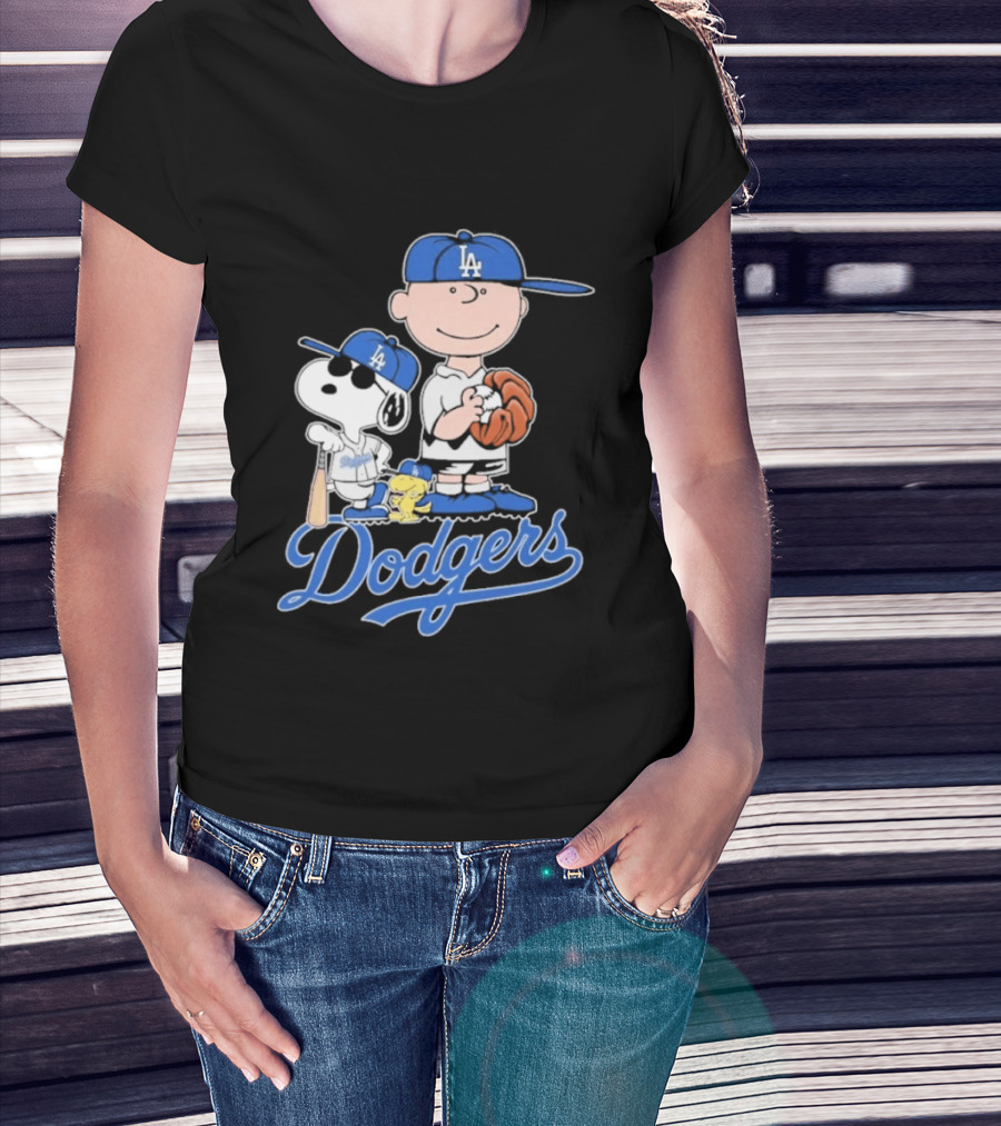 Los Angeles Dodgers Peanuts Snoopy Charlie Brown Woodstock Baseball Collaboration T-Shirt