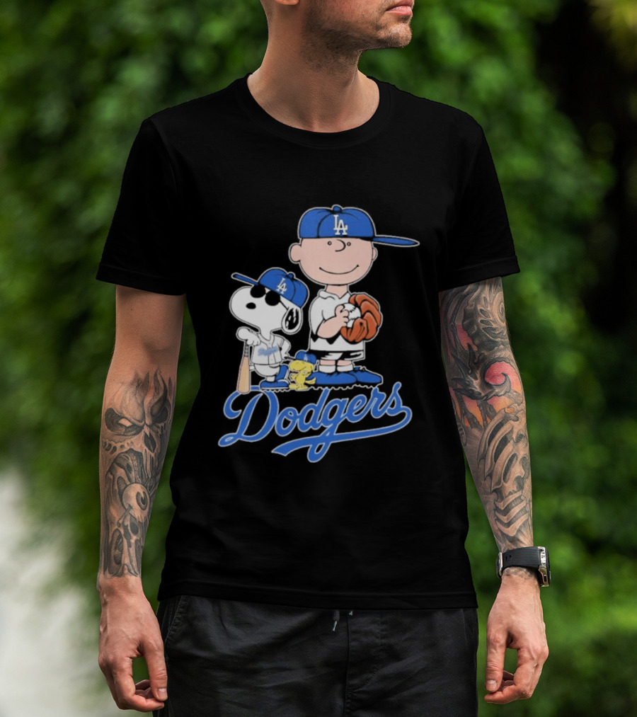 Los Angeles Dodgers Peanuts Snoopy Charlie Brown Woodstock Baseball Collaboration T-Shirt