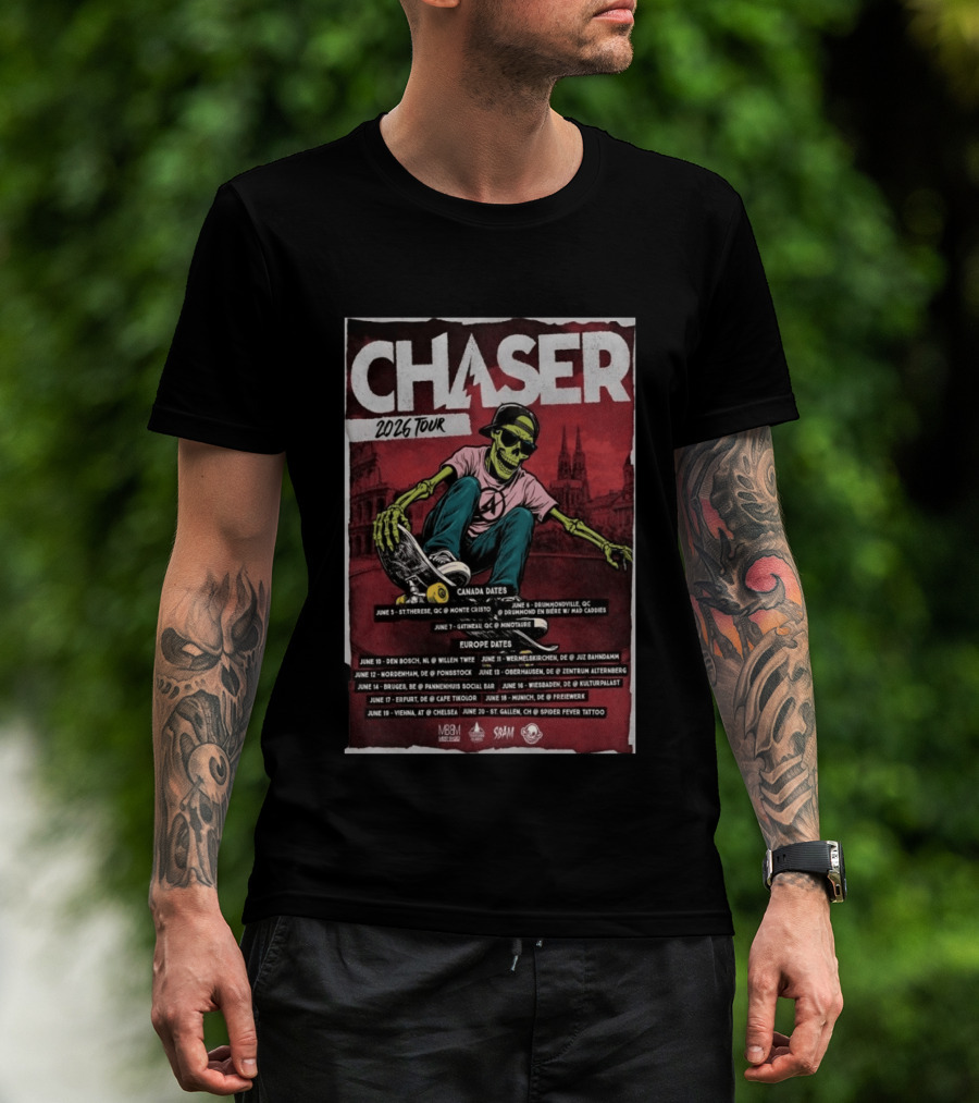 Chaser 2026 Tour Canada Europe Dates Skeleton Skateboarding T-Shirt