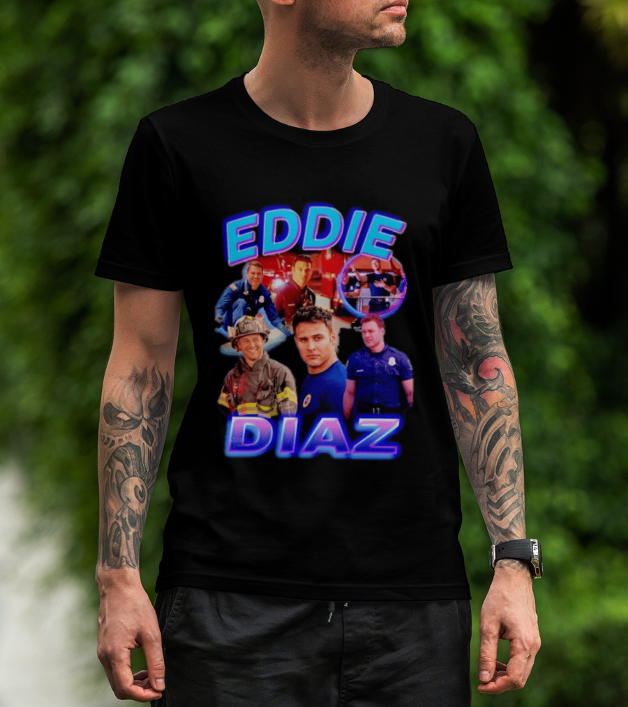 Eddie Diaz Firefighter Collage Action Scenes And Portraits T-Shirt