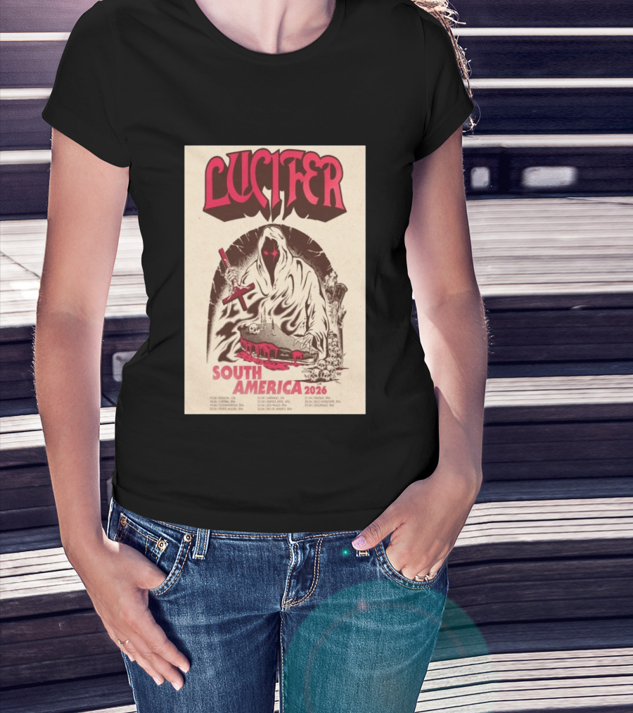 Lucifer South America 2026 Tour Schedule With Hooded Figure And Skulls T-Shirt