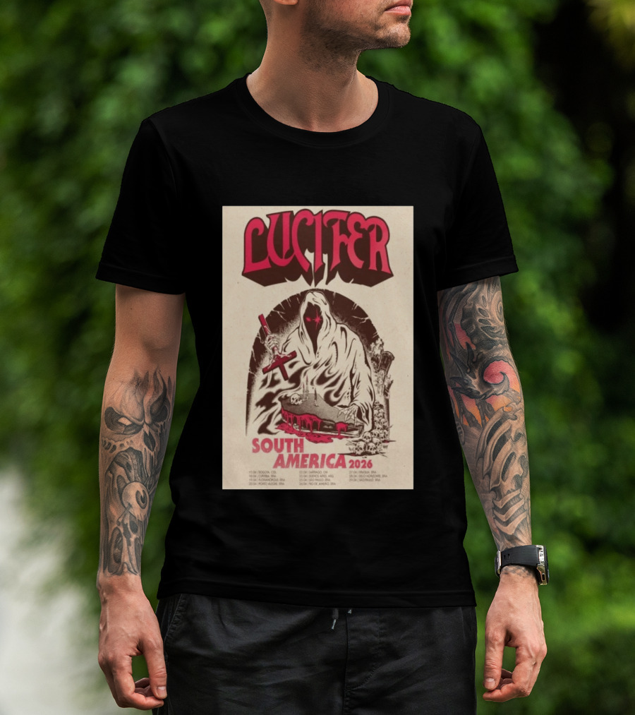 Lucifer South America 2026 Tour Schedule With Hooded Figure And Skulls T-Shirt