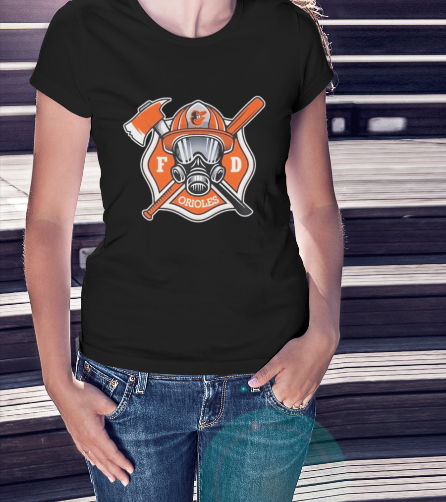 2026 Orioles FD Firefighter Appreciation Mask Helmet Axe Crossed Bat T-Shirt