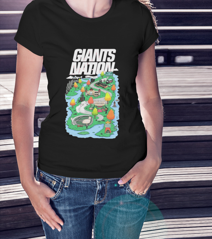 Bobby Skinner Giants Nation Cartoon Landscape Get Well Soon Welcome To Giants Nation Balloon Trees River T-Shirt