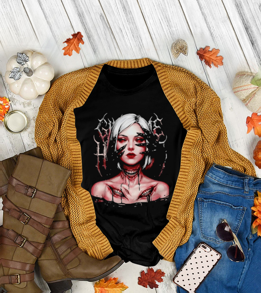 Dark Embrace Washed Creepy Pale Woman Fantasy Eyes T-Shirt