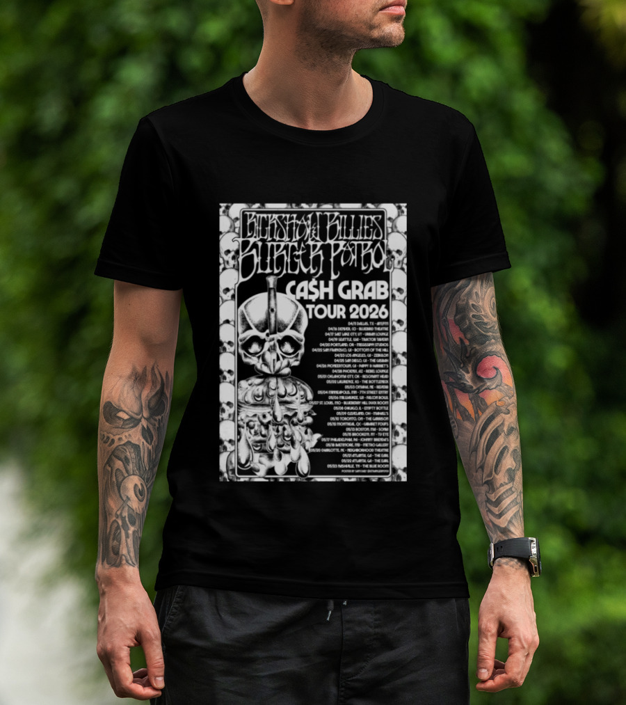 Rickshaw Billies Burger Patrol Cash Grab Tour 2026 Concert Dates Sketched Skull T-Shirt