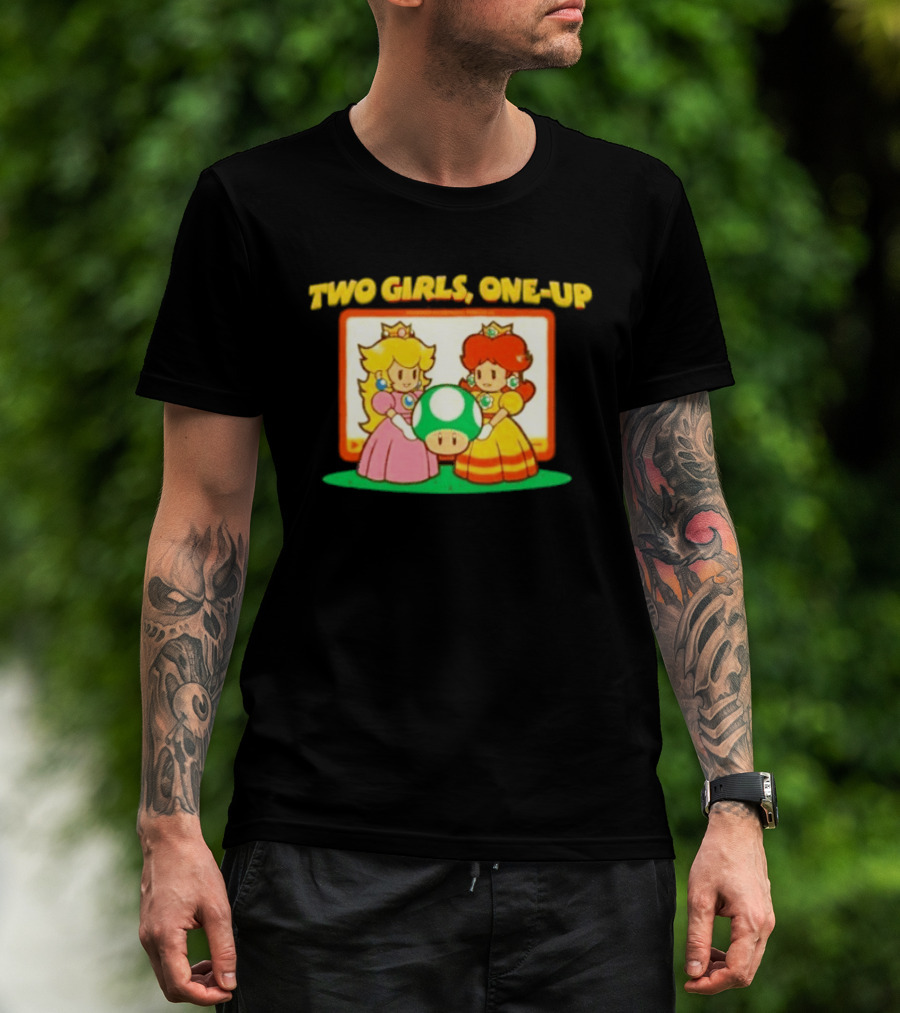 Two Girls One Up Mario Princess Peach Daisy 1 Up Mushroom T-Shirt