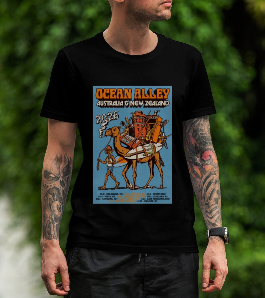Ocean Alley Australia New Zealand 2026 Tour Dates With Camel And Musical Gear T-Shirt