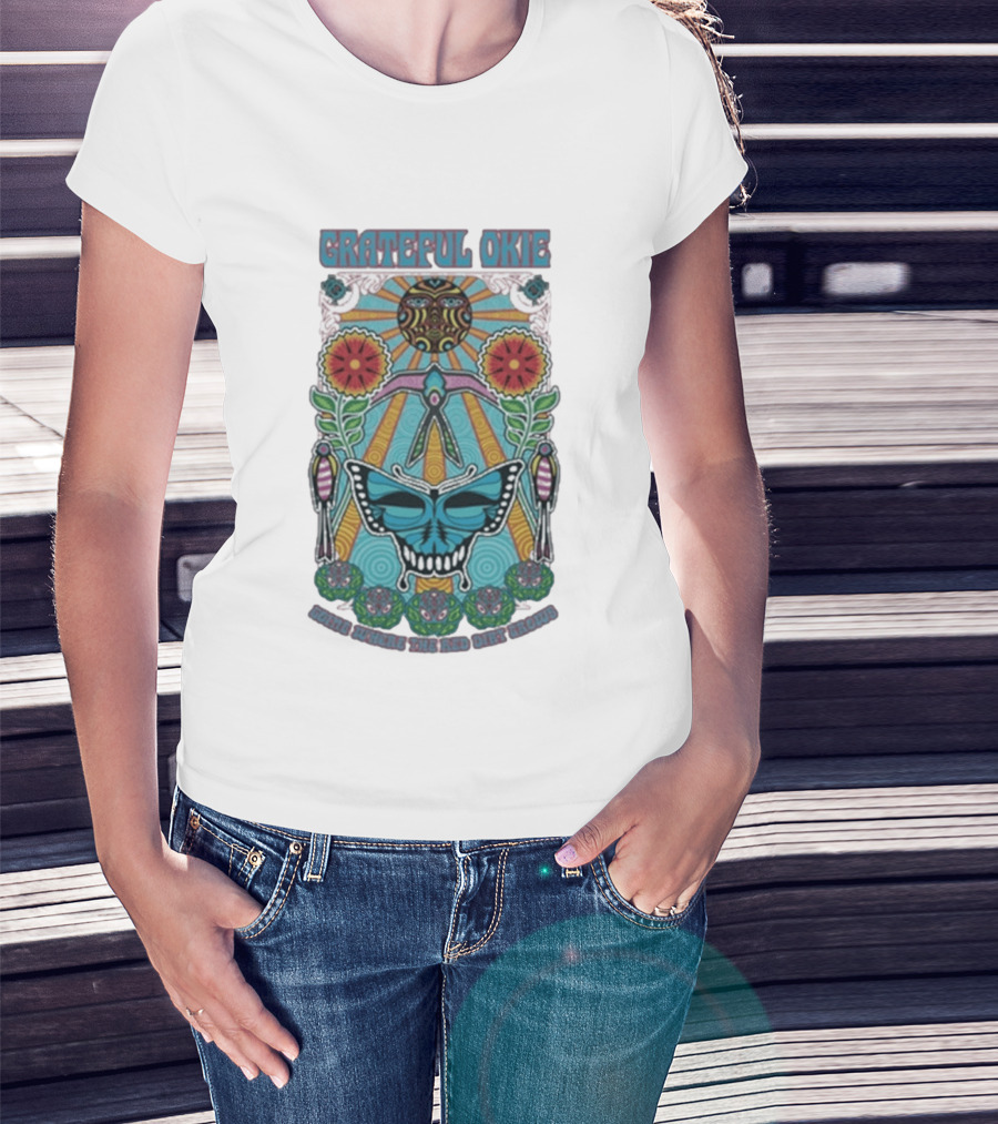 Grateful Okie Going Where The Red Dirt Grows Butterfly And Floral Sunburst T-Shirt