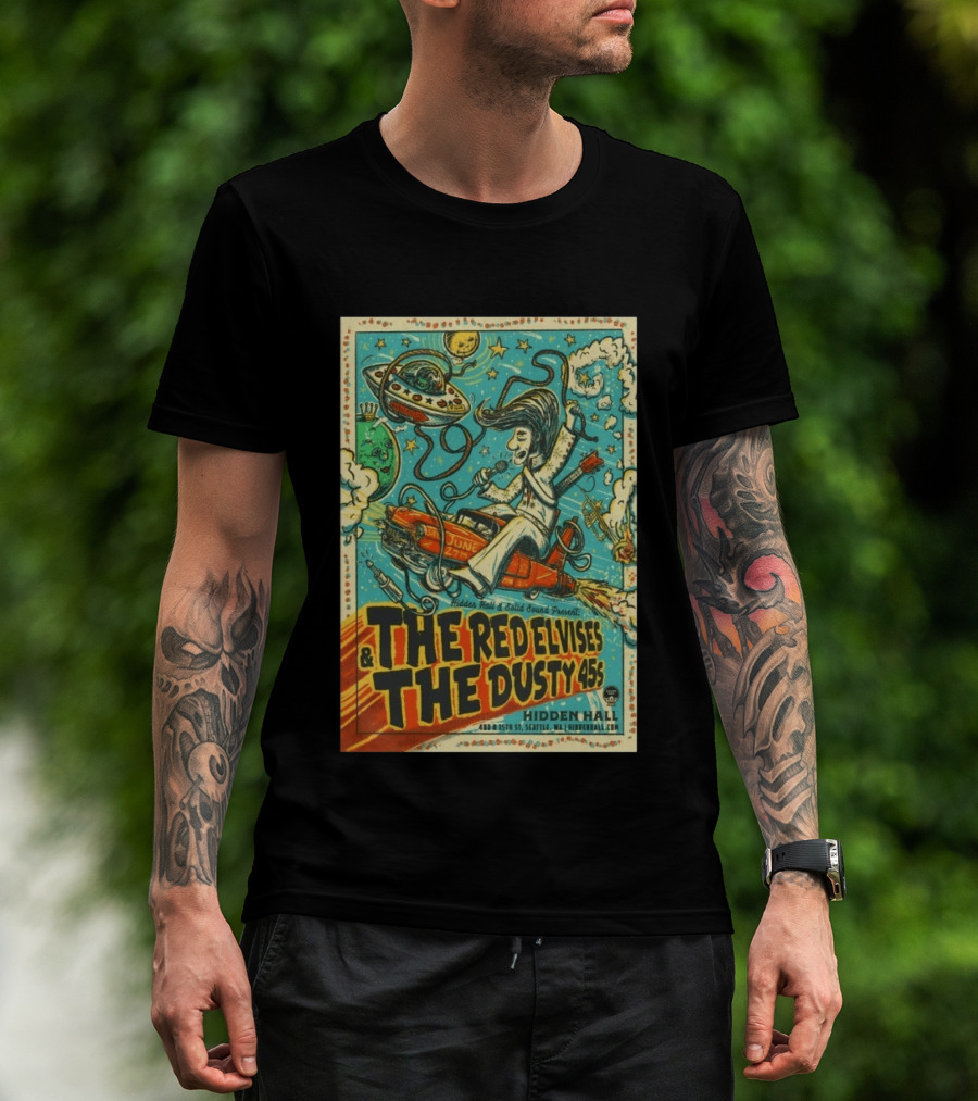 The Red Elvises And The Dusty 45s June 27th Hidden Hall Seattle Vintage UFO Art Retro Space T-Shirt