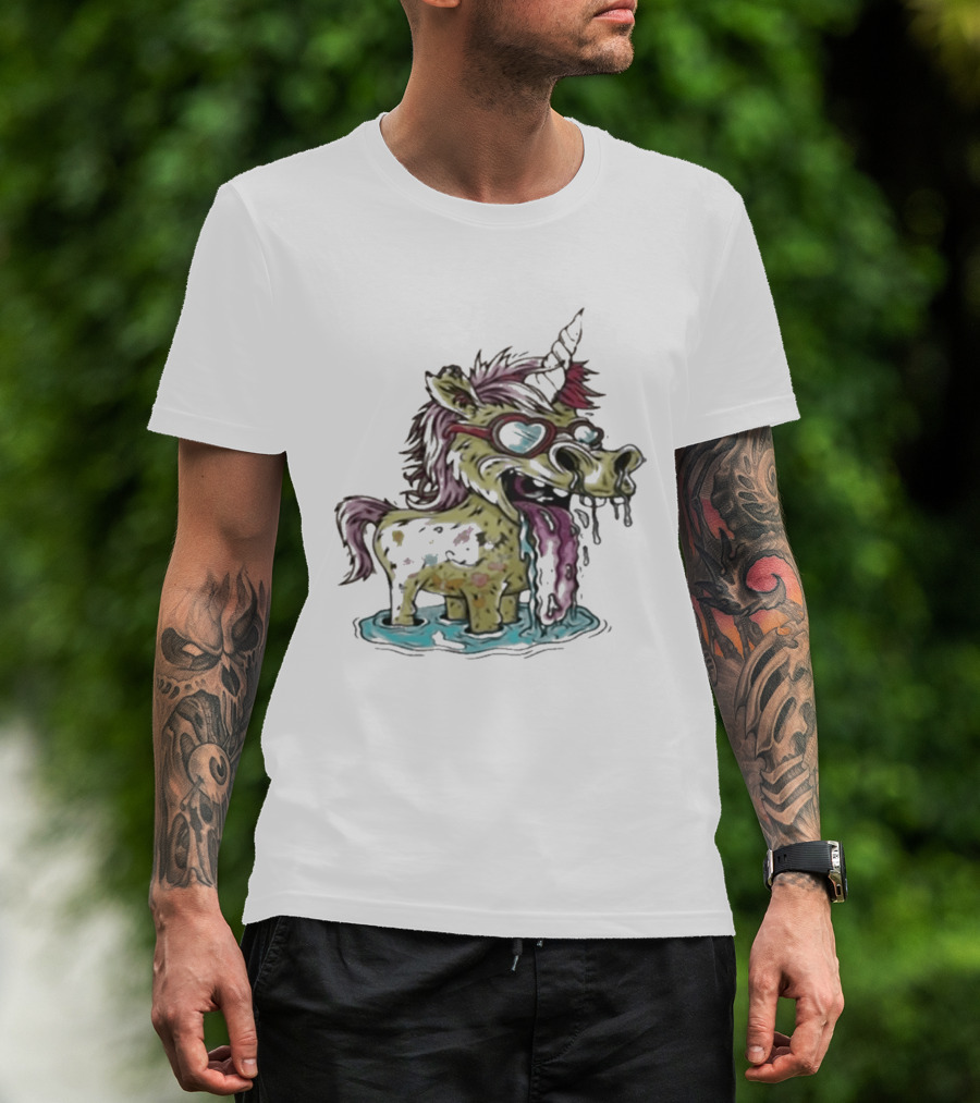 Hills Draws Unicorn With Sunglasses And Tongue Out In White T-Shirt