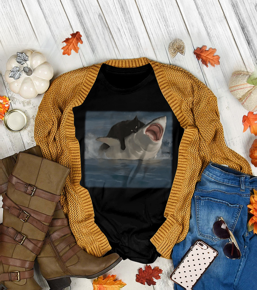 Black Cat Riding on Great White Shark Ocean Adventure T-Shirt