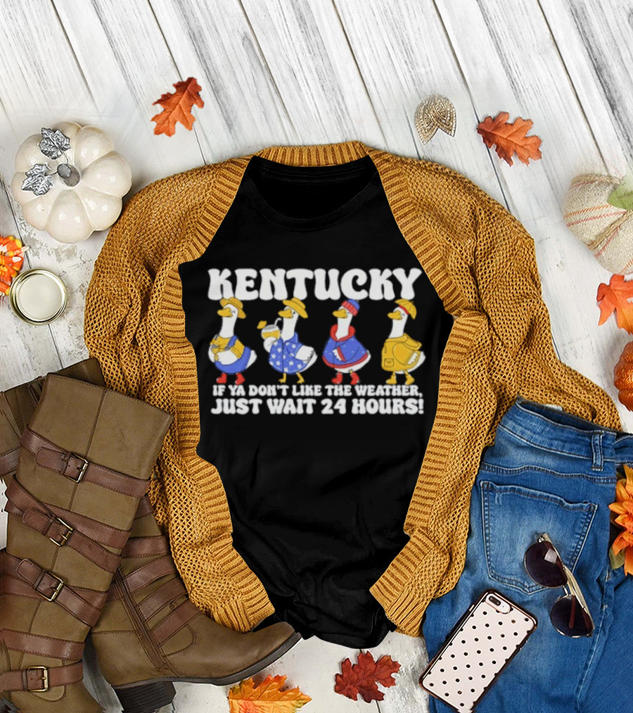 Kentucky Weather Humor Ducks in Seasonal Outfits If Ya Don't Like the Weather Just Wait 24 Hours T-Shirt