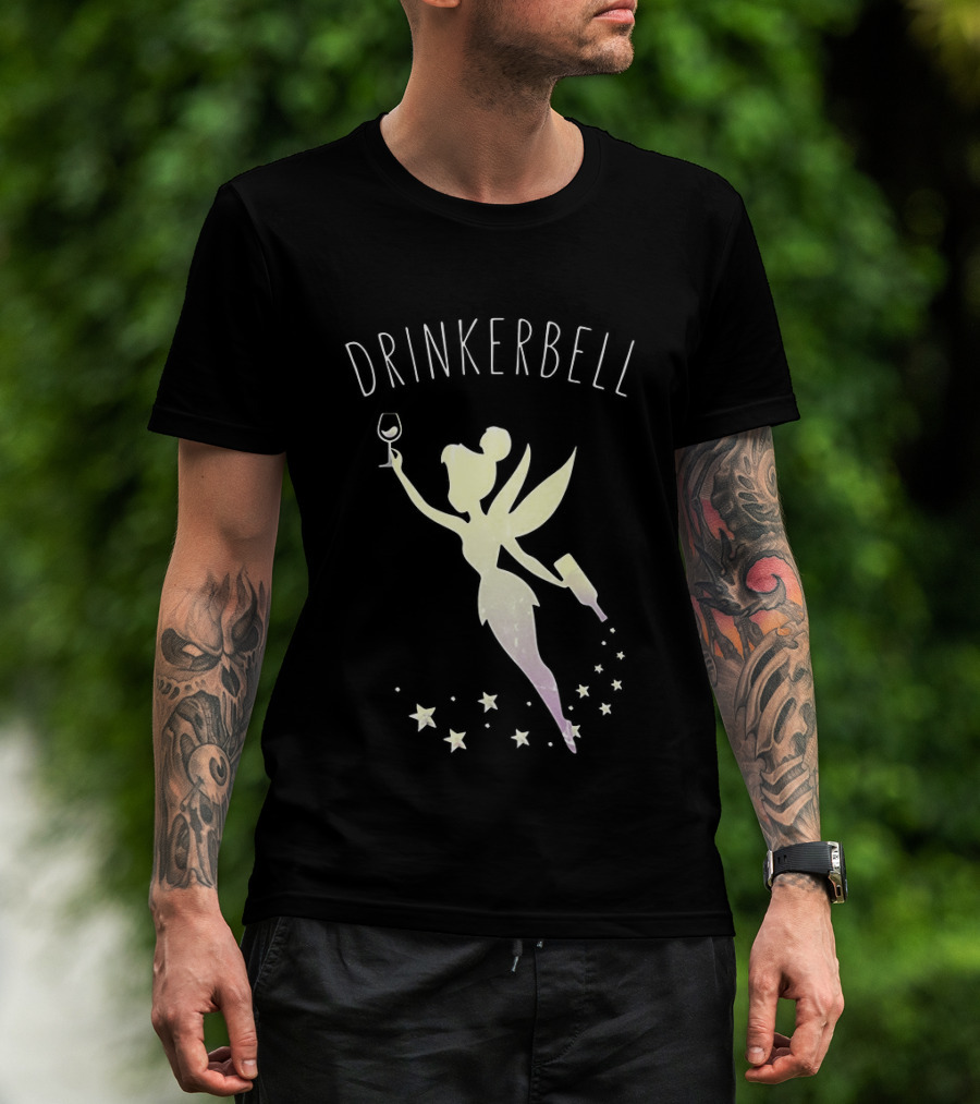 Drinkerbell Fairy Silhouette With Wine Glass And Bottle Stars T-Shirt