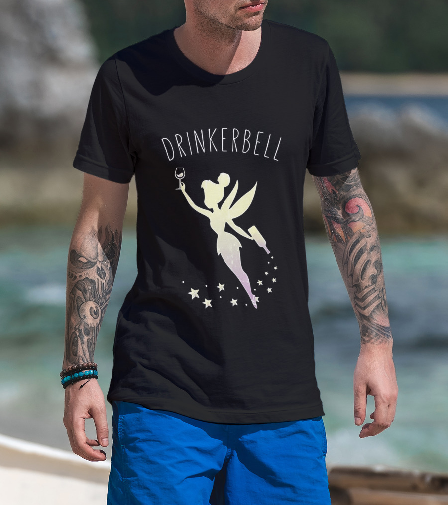 Drinkerbell Fairy Silhouette With Wine Glass And Bottle Stars T-Shirt