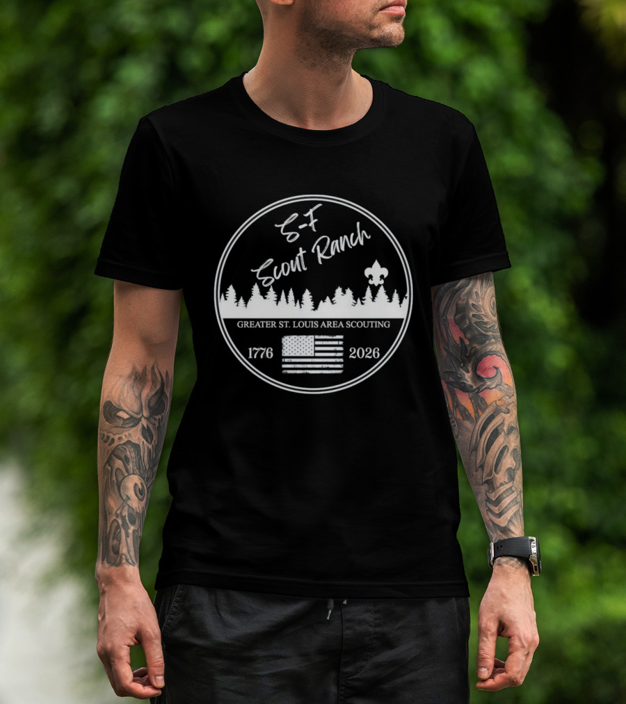 S F Scout Ranch Greater St Louis Area Scouting 2026 USA Flag Forest T-Shirt