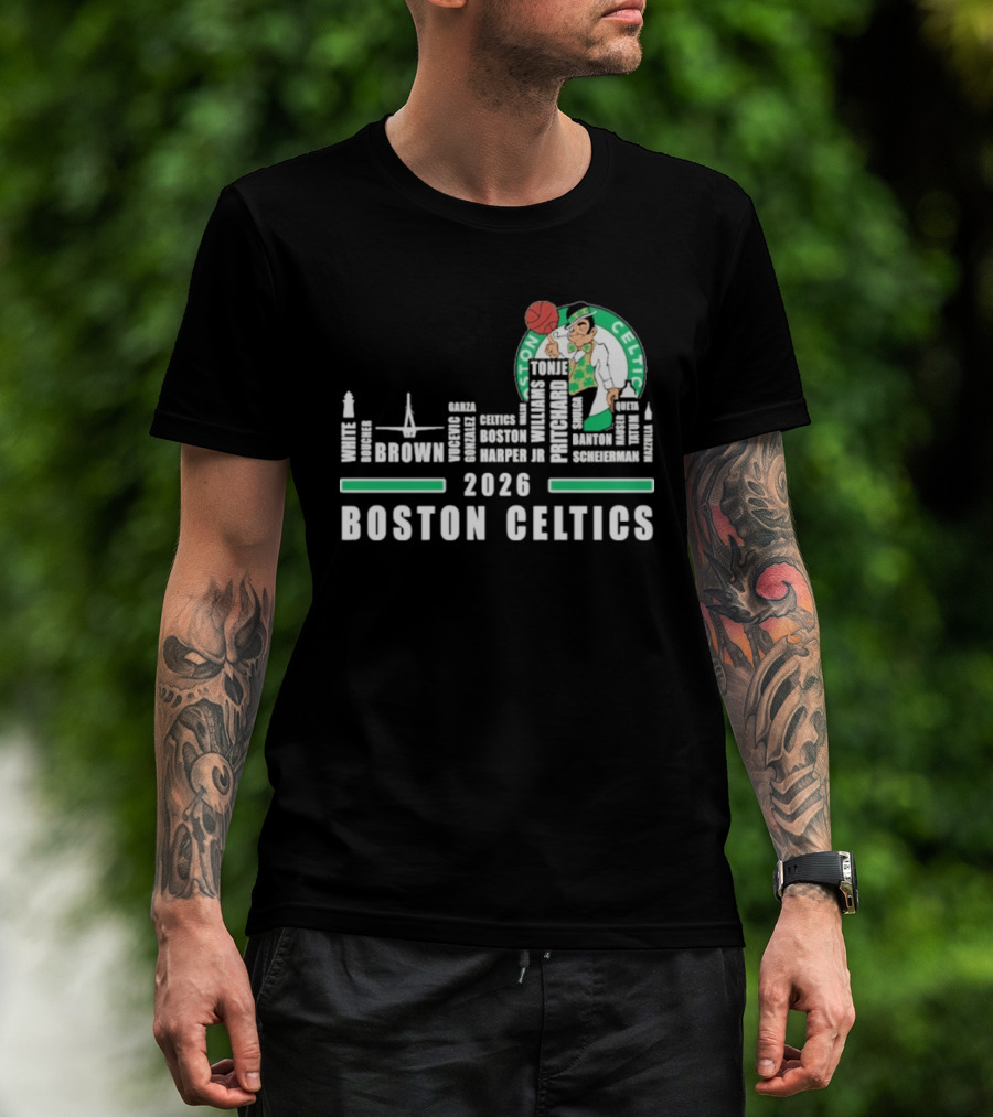 2026 Boston Celtics Brown Tatum Brogdon Porzingis White Smart Hoops Skyline T-Shirt