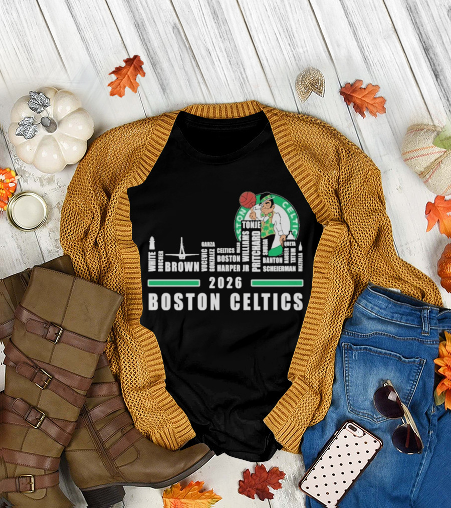 2026 Boston Celtics Brown Tatum Brogdon Porzingis White Smart Hoops Skyline T-Shirt