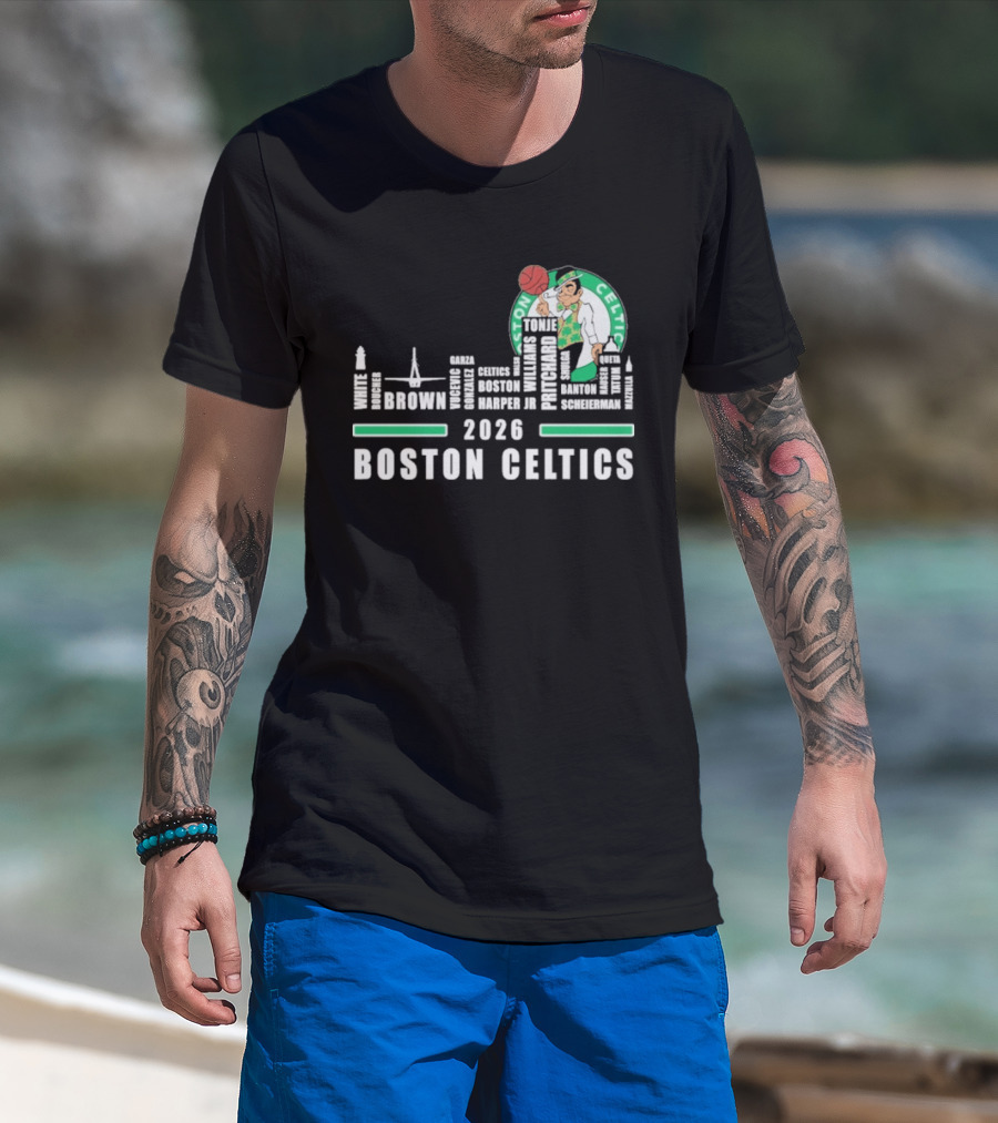 2026 Boston Celtics Brown Tatum Brogdon Porzingis White Smart Hoops Skyline T-Shirt