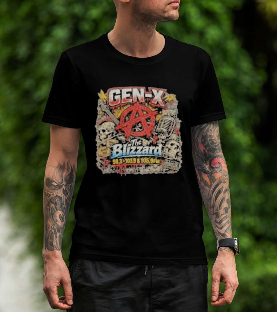 Gen X The Blizzard 98.3 103.9 105.9 FM Anarchy Skulls Microphone T-Shirt