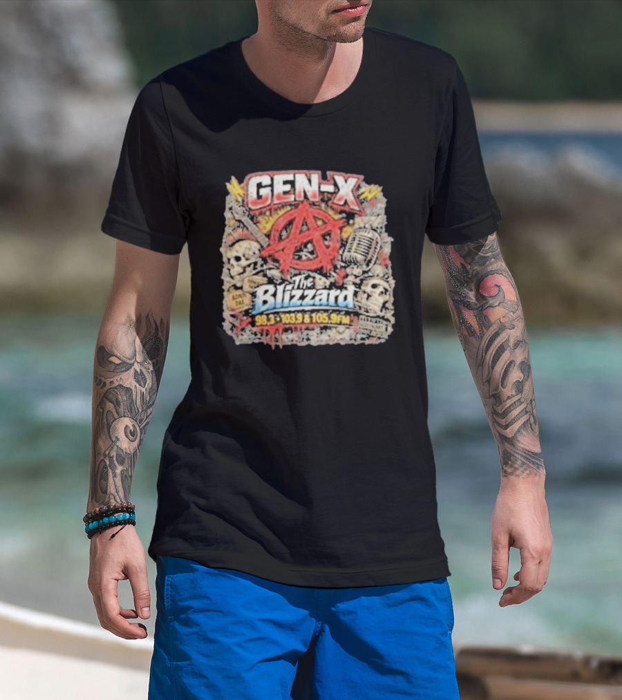 Gen X The Blizzard 98.3 103.9 105.9 FM Anarchy Skulls Microphone T-Shirt