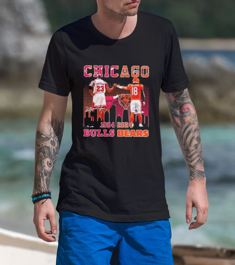 Chicago Bulls Michael Jordan 23 And Chicago Bears Caleb Williams 18 1984 2024 Signatures T-Shirt