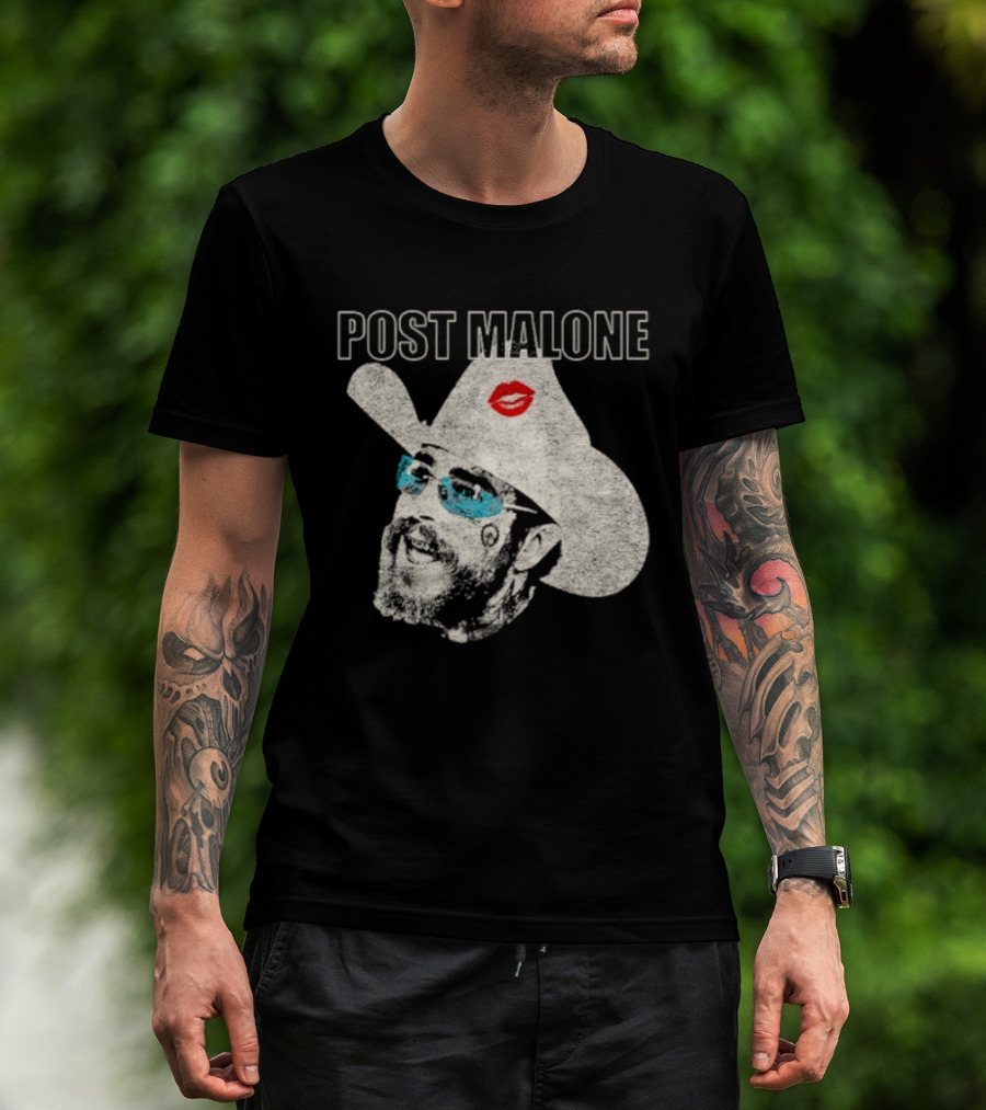 Post Malone Cowboy Hat Kiss Red Lips Blue Sunglasses T-Shirt