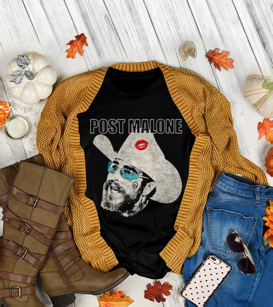 Post Malone Cowboy Hat Kiss Red Lips Blue Sunglasses T-Shirt