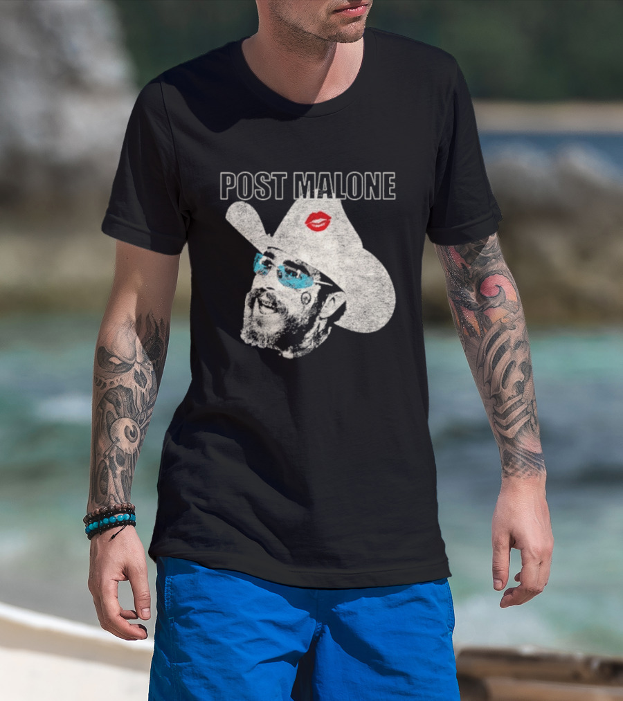 Post Malone Cowboy Hat Kiss Red Lips Blue Sunglasses T-Shirt