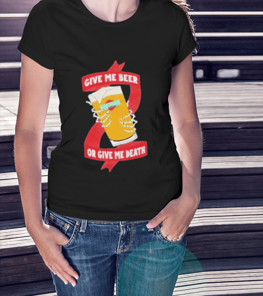Boulevard Brewing Give Me Beer Or Give Me Death Skeleton Hands Holding Beer Glass T-Shirt