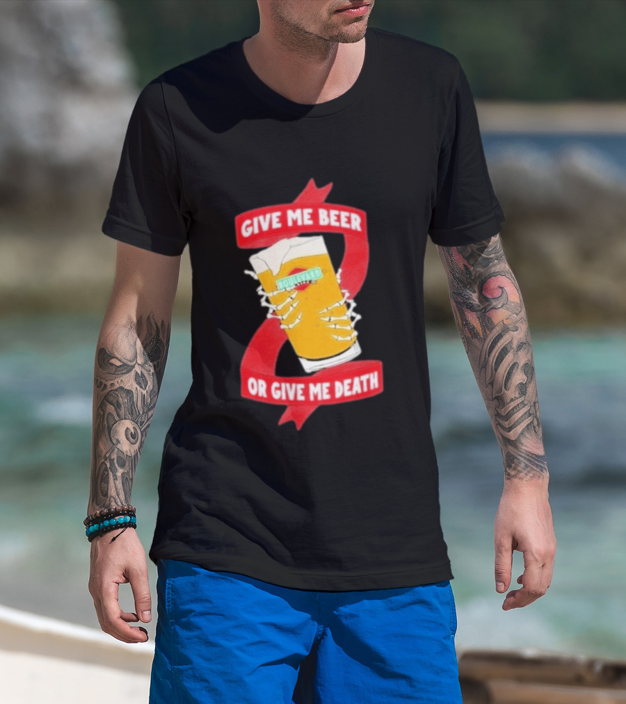 Boulevard Brewing Give Me Beer Or Give Me Death Skeleton Hands Holding Beer Glass T-Shirt