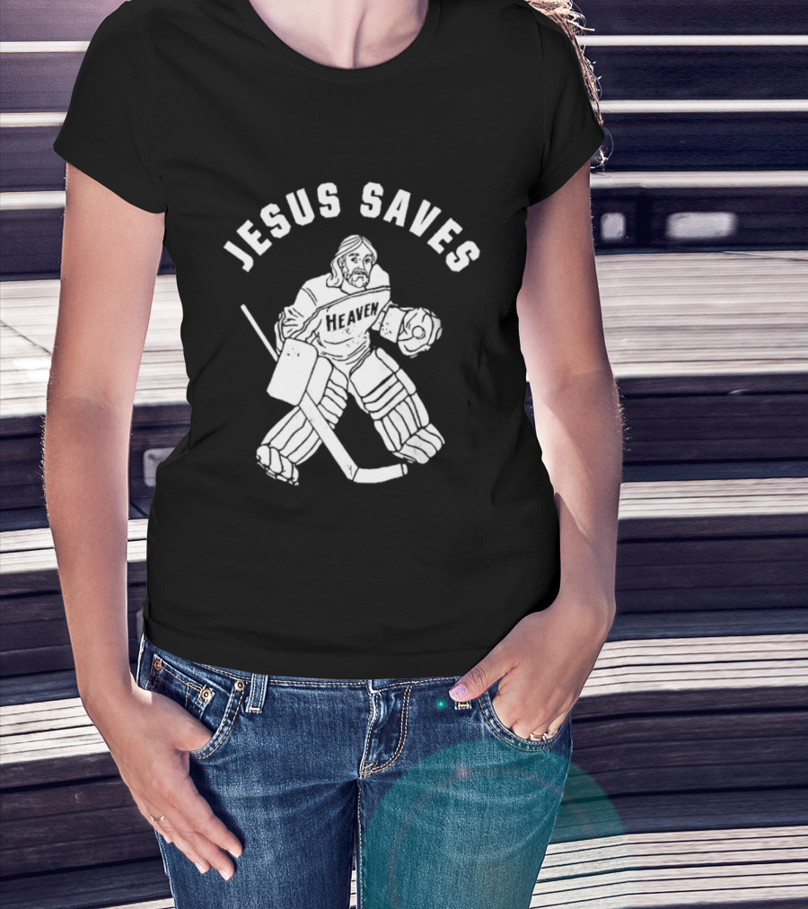 Jesus Saves Hockey Goalie Blocking Puck T-Shirt